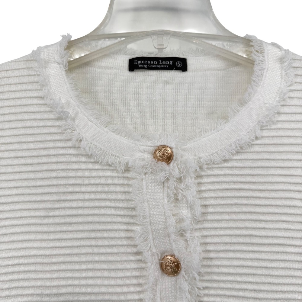 NWT Emerson Lang Womens Cream Ribbed Fringed Trim Button Front Cardigan Size S - Picture 3 of 10